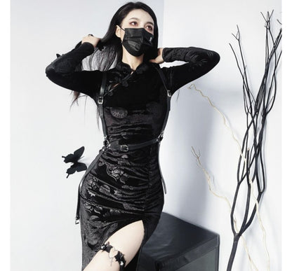 Set: Long-Sleeve Jacquard Velvet Midi Slit Qipao + Buckled Body Harness