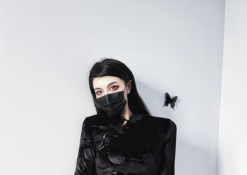 Set: Long-Sleeve Jacquard Velvet Midi Slit Qipao + Buckled Body Harness