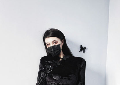 Set: Long-Sleeve Jacquard Velvet Midi Slit Qipao + Buckled Body Harness