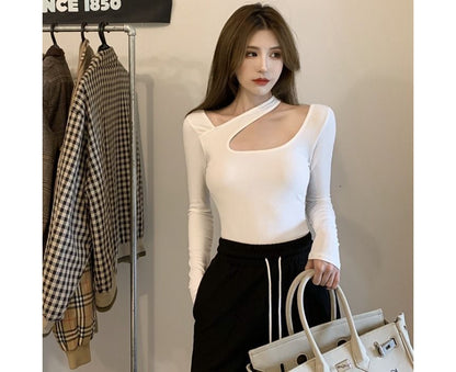 Long-Sleeve Asymmetrical Neck Plain Cutout T-Shirt