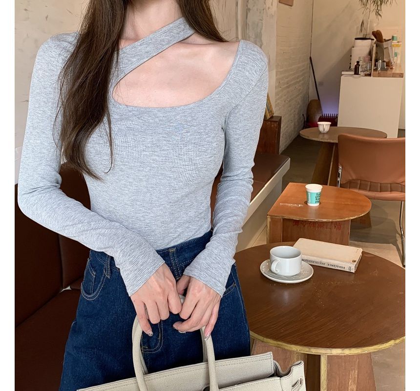 Long-Sleeve Asymmetrical Neck Plain Cutout T-Shirt