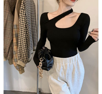 Long-Sleeve Asymmetrical Neck Plain Cutout T-Shirt