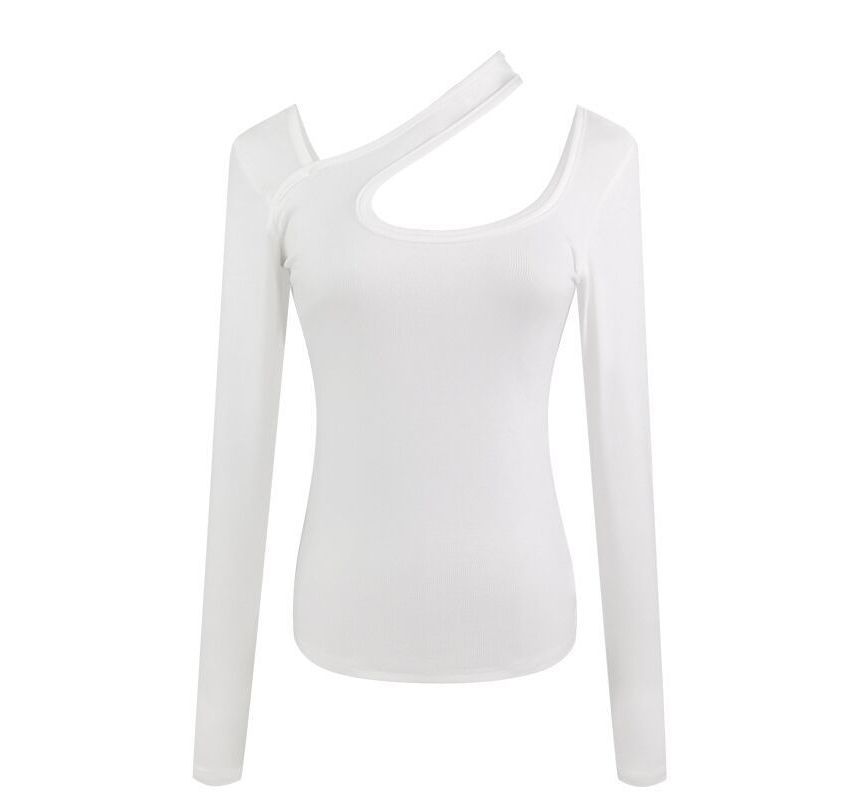 Long-Sleeve Asymmetrical Neck Plain Cutout T-Shirt