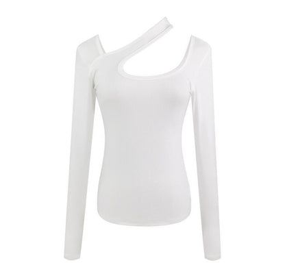 Long-Sleeve Asymmetrical Neck Plain Cutout T-Shirt
