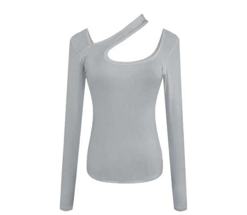 Long-Sleeve Asymmetrical Neck Plain Cutout T-Shirt
