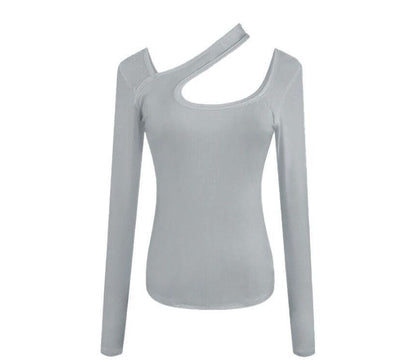 Long-Sleeve Asymmetrical Neck Plain Cutout T-Shirt