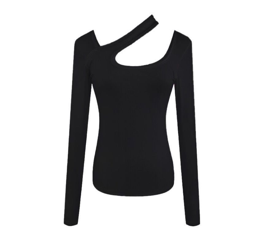 Long-Sleeve Asymmetrical Neck Plain Cutout T-Shirt