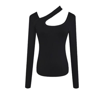 Long-Sleeve Asymmetrical Neck Plain Cutout T-Shirt