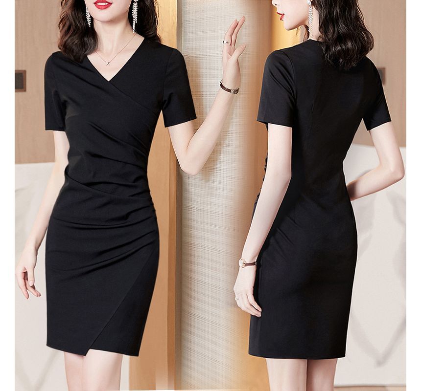 Short-Sleeve V-Neck Plain Wrap Mini Bodycon Dress