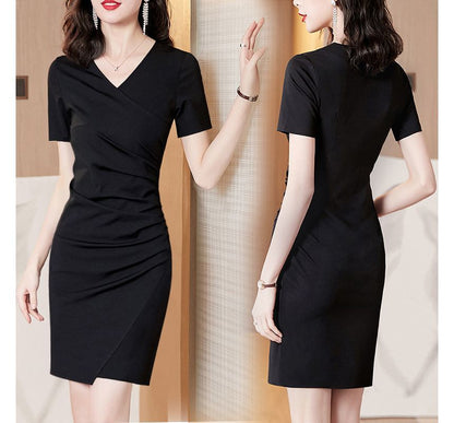 Short-Sleeve V-Neck Plain Wrap Mini Bodycon Dress