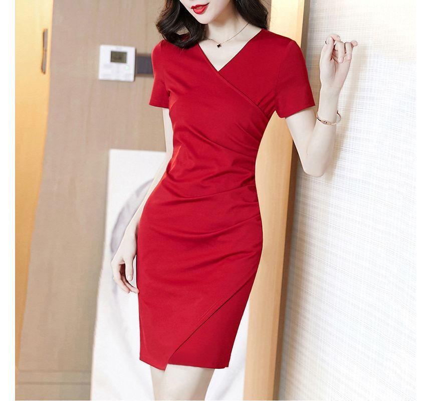 Short-Sleeve V-Neck Plain Wrap Mini Bodycon Dress