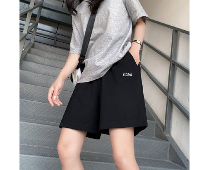 High Waist Letter Embroidered Shorts