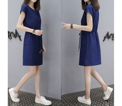 Short-Sleeve V-Neck Plain Drawstring-Waist Mini A-Line Dress