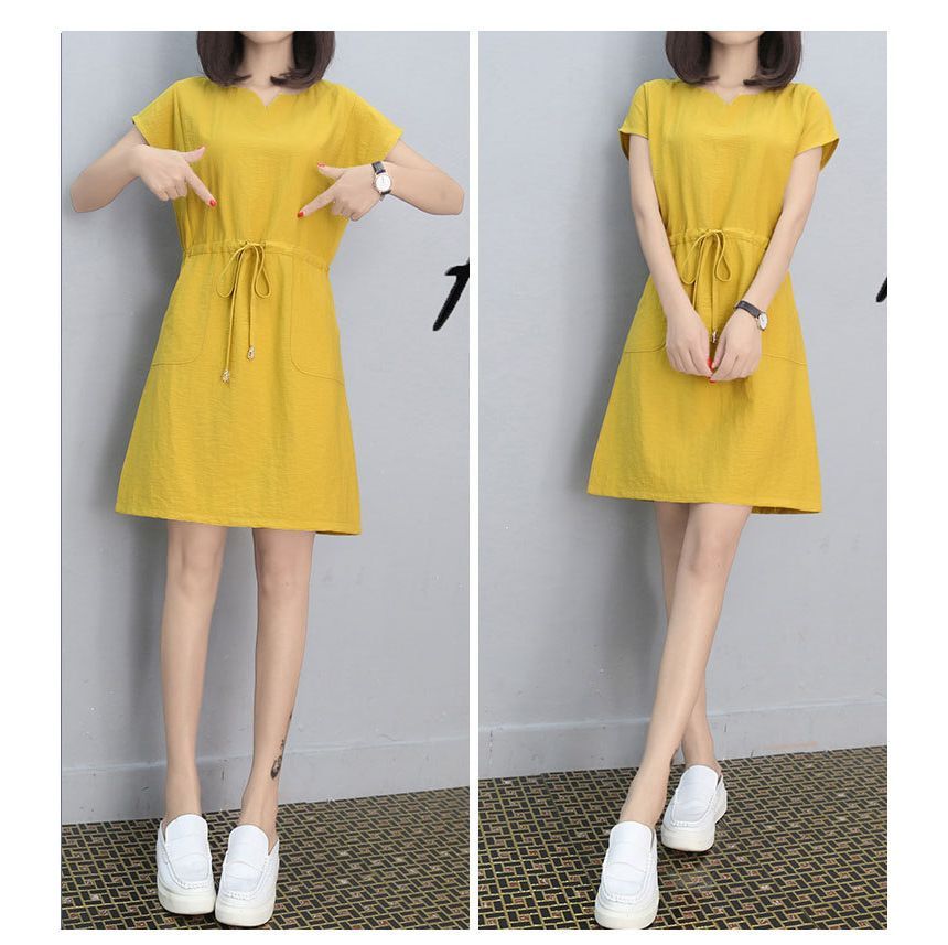 Short-Sleeve V-Neck Plain Drawstring-Waist Mini A-Line Dress