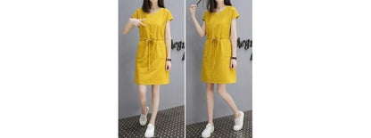 Short-Sleeve V-Neck Plain Drawstring-Waist Mini A-Line Dress