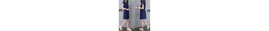 Short-Sleeve V-Neck Plain Drawstring-Waist Mini A-Line Dress
