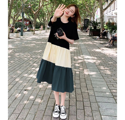 Short-Sleeve Crew Neck Color Block Midi A-Line Dress