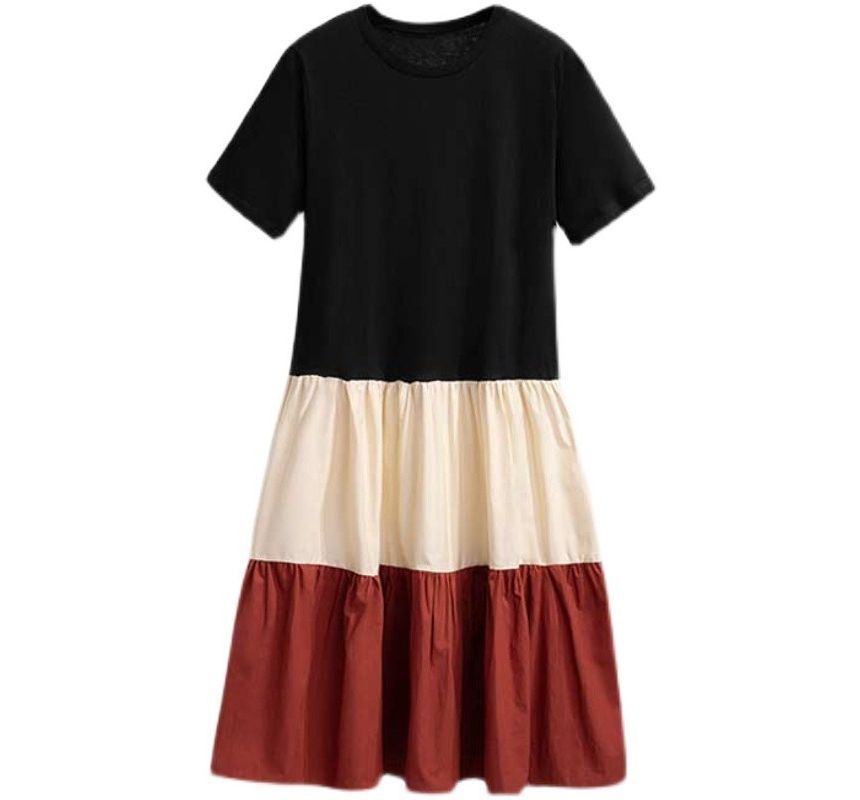 Short-Sleeve Crew Neck Color Block Midi A-Line Dress