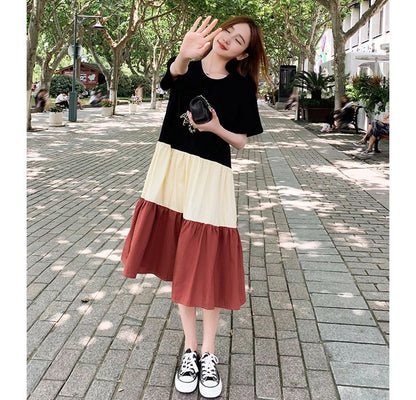 Short-Sleeve Crew Neck Color Block Midi A-Line Dress