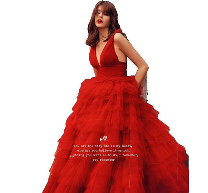 Sleeveless V-Neck Plain Tiered A-Line Evening Gown