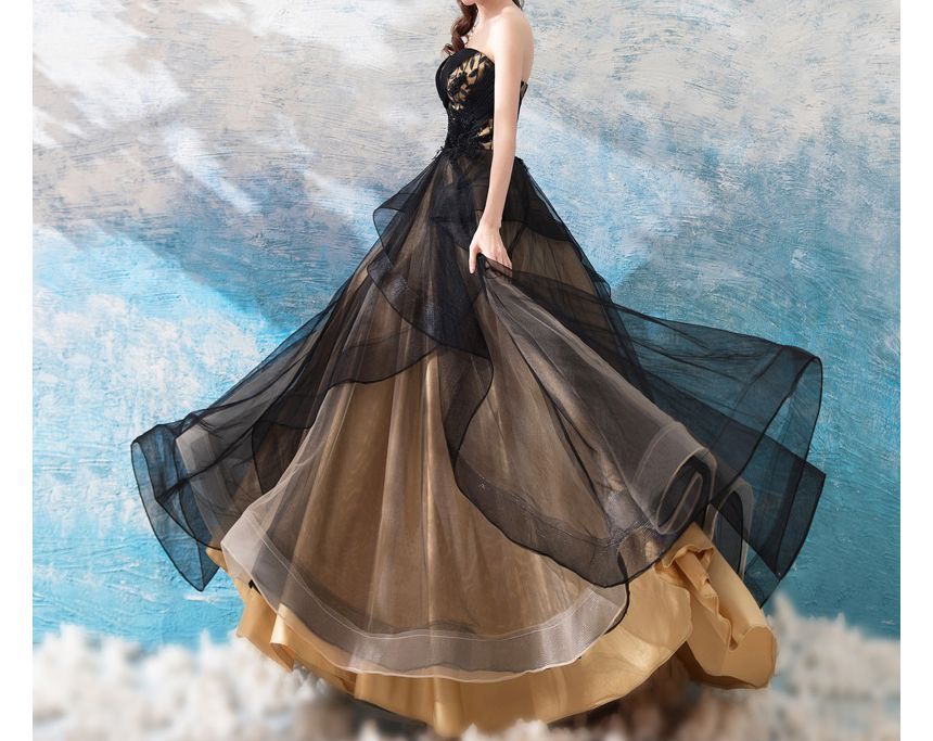 Strapless Embroidered Mesh Panel A-Line Evening Gown