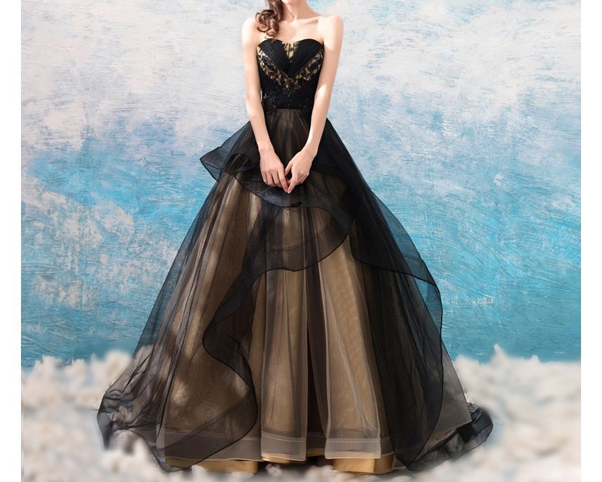 Strapless Embroidered Mesh Panel A-Line Evening Gown