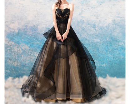 Strapless Embroidered Mesh Panel A-Line Evening Gown