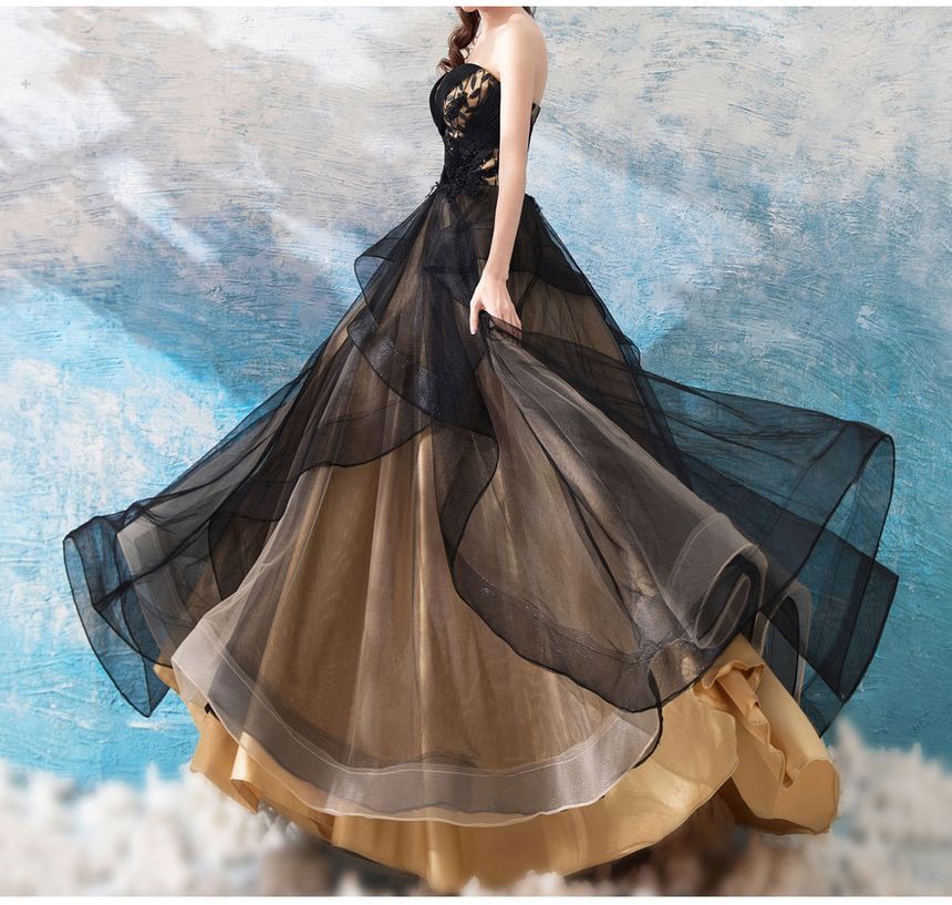 Strapless Embroidered Mesh Panel A-Line Evening Gown