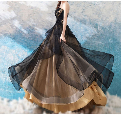 Strapless Embroidered Mesh Panel A-Line Evening Gown