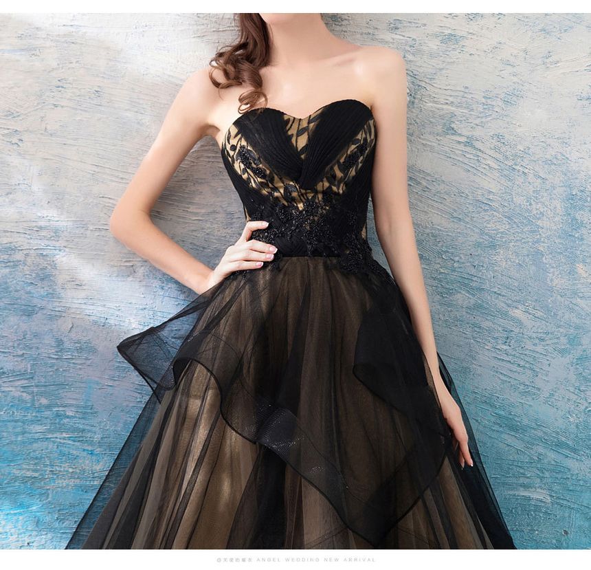 Strapless Embroidered Mesh Panel A-Line Evening Gown