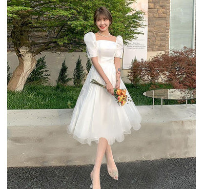 Short-Sleeve Square Neck Plain A-Line Wedding Gown / Midi Dress