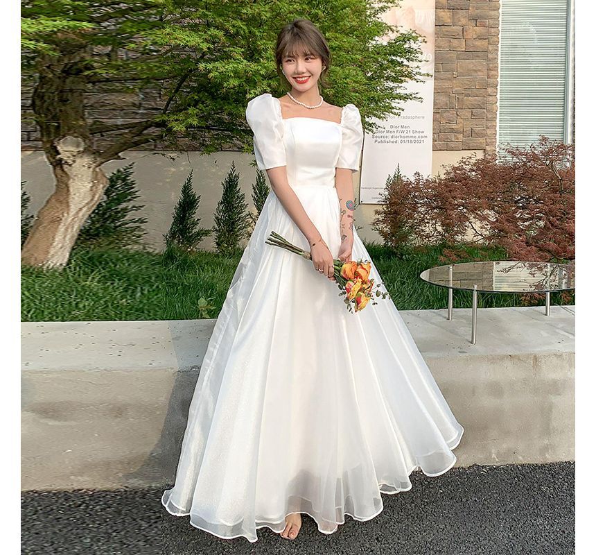 Short-Sleeve Square Neck Plain A-Line Wedding Gown / Midi Dress