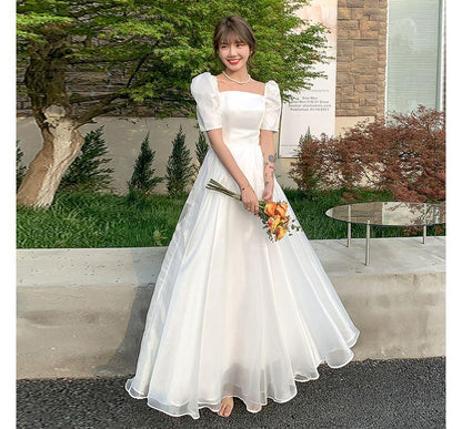 Short-Sleeve Square Neck Plain A-Line Wedding Gown / Midi Dress
