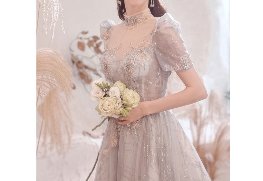 Short-Sleeve Sequin Open Back A-Line Evening Gown