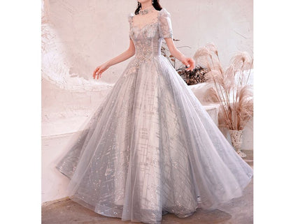 Short-Sleeve Sequin Open Back A-Line Evening Gown