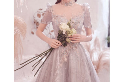 Short-Sleeve Sequin Open Back A-Line Evening Gown