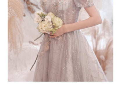 Short-Sleeve Sequin Open Back A-Line Evening Gown