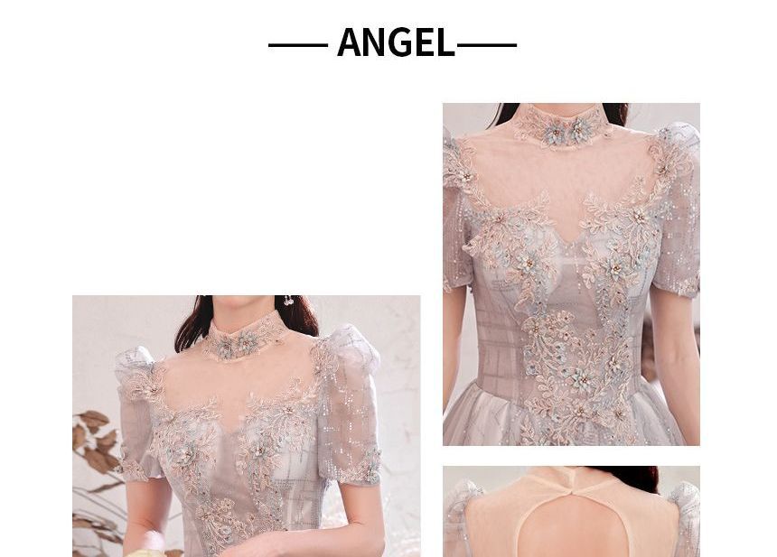 Short-Sleeve Sequin Open Back A-Line Evening Gown