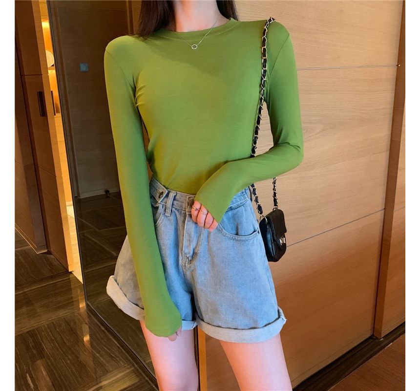 Long-Sleeve Round Neck Plain Tee