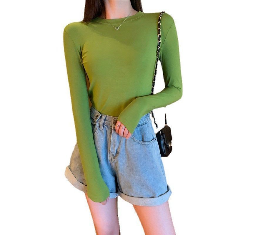 Long-Sleeve Round Neck Plain Tee