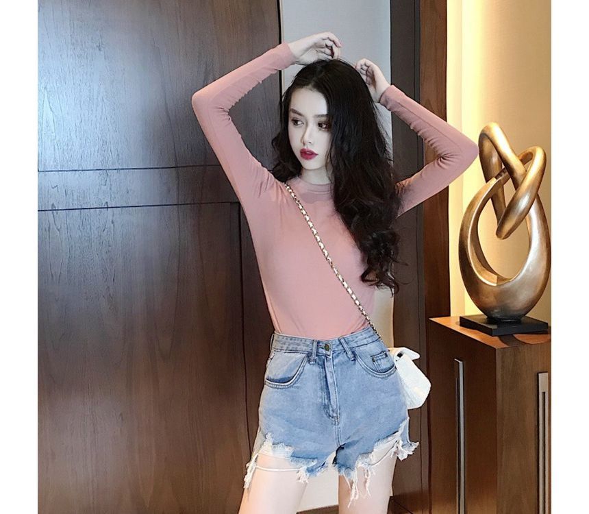 Long-Sleeve Round Neck Plain Tee