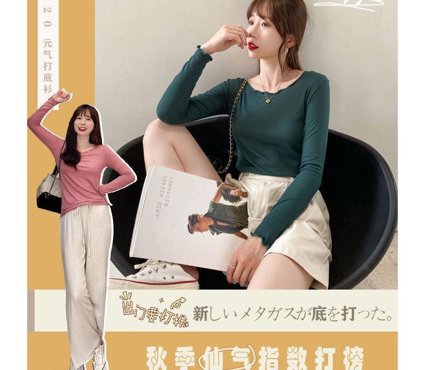 Long-Sleeve Scoop Neck Plain Ribbed Lettuce Edge Tee