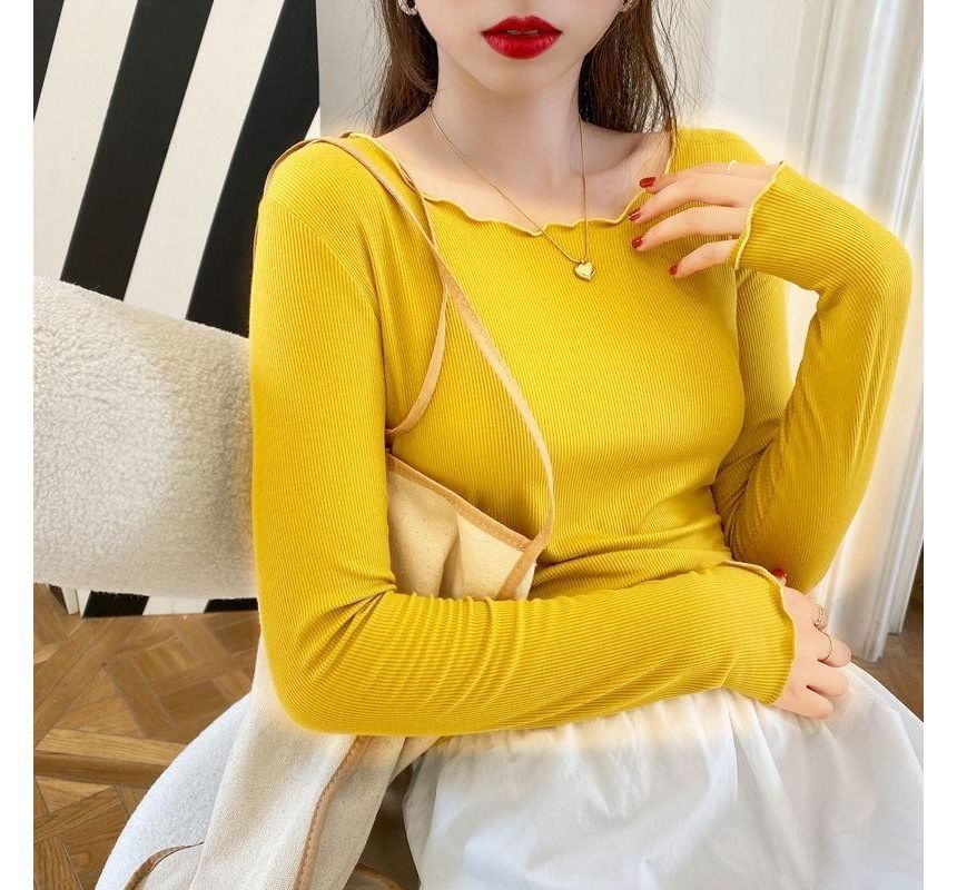 Long-Sleeve Scoop Neck Plain Ribbed Lettuce Edge Tee