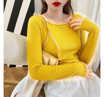 Long-Sleeve Scoop Neck Plain Ribbed Lettuce Edge Tee