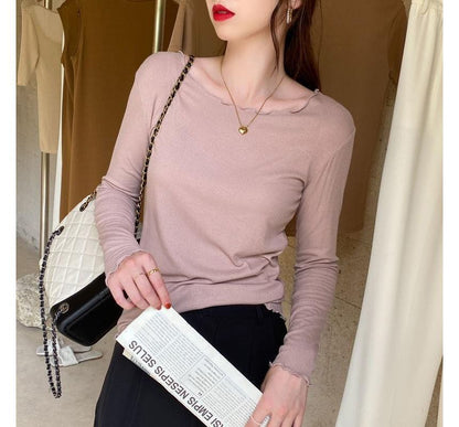 Long-Sleeve Scoop Neck Plain Ribbed Lettuce Edge Tee