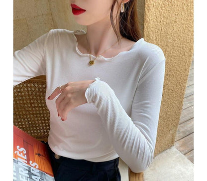 Long-Sleeve Scoop Neck Plain Ribbed Lettuce Edge Tee