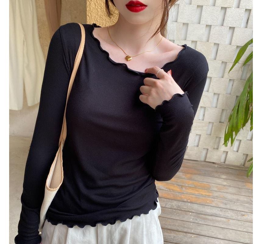 Long-Sleeve Scoop Neck Plain Ribbed Lettuce Edge Tee