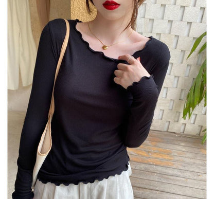Long-Sleeve Scoop Neck Plain Ribbed Lettuce Edge Tee