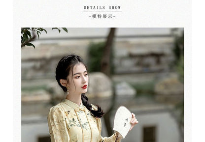 Long-Sleeve Floral Midi A-Line Qipao