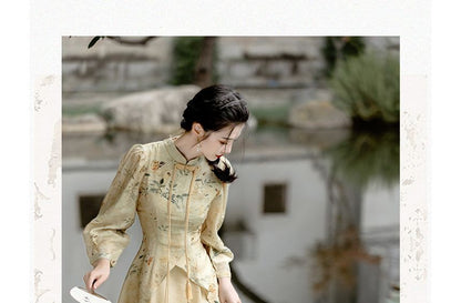 Long-Sleeve Floral Midi A-Line Qipao